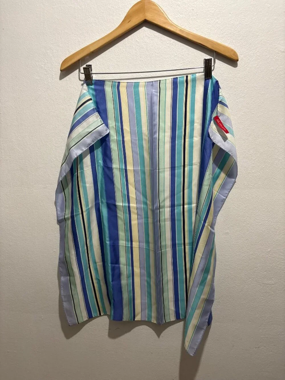 AK Anne Klein 100% silk rectangular scarf in blue, aqua & lemon stripe